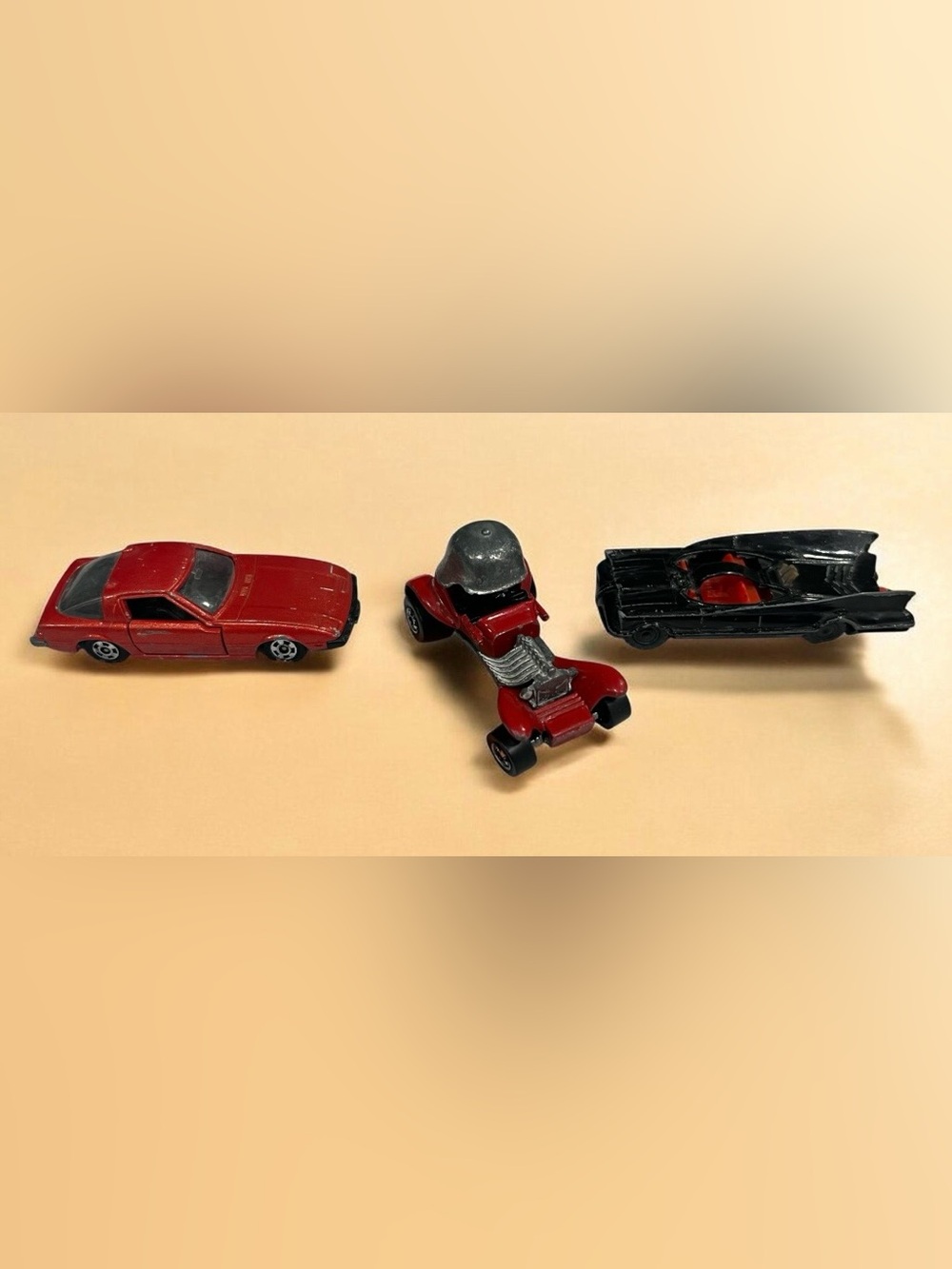 3 vintage Die cast Toy Cars including Hot Wheels Red Baron & the Batmobile.